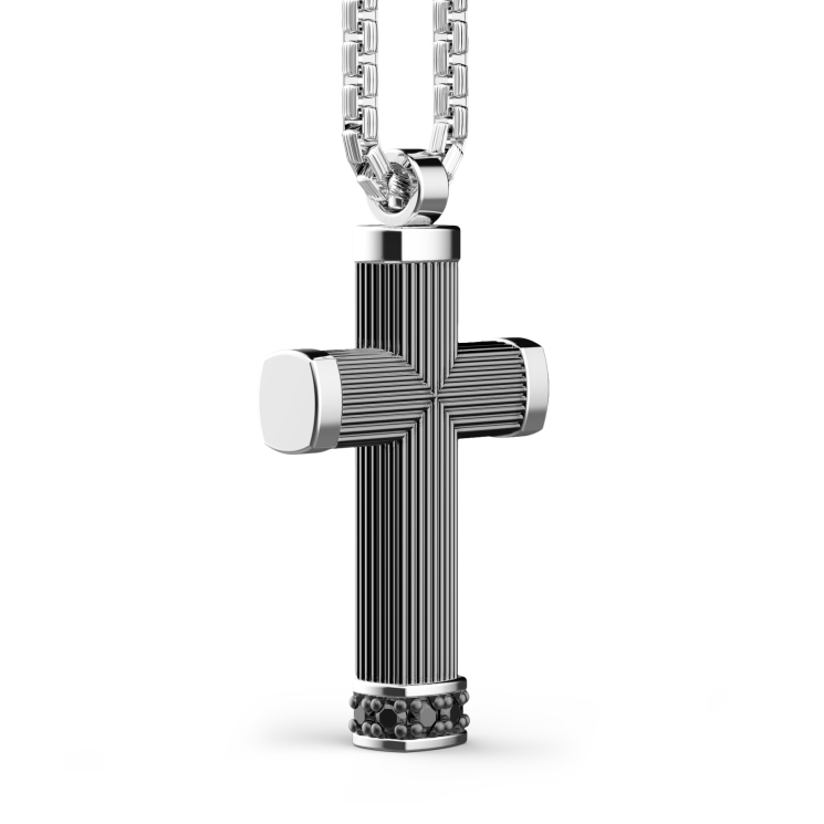 Collar Zancan de plata bruñida con colgante de cruz y piedras negras.