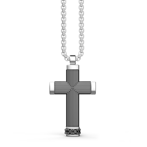 Collar Zancan de plata bruñida con colgante de cruz y piedras negras.