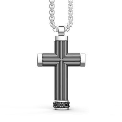 Collar Zancan de plata bruñida con colgante de cruz y piedras negras.
