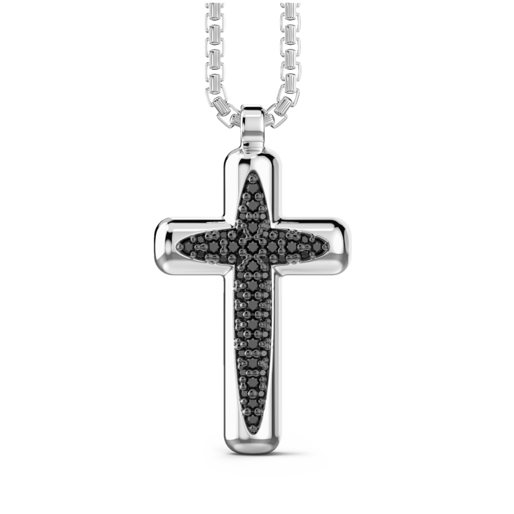 Collana Zancan in argento con pendente a croce e pietre nere.
