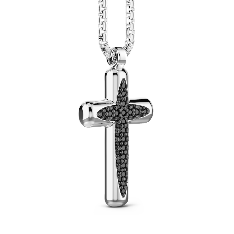 Collana Zancan in argento con pendente a croce e pietre nere.