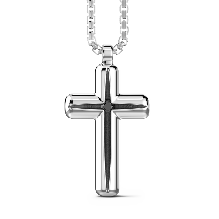 Zancan-Kette aus Silber mit Kreuzanhänger und schwarzem Edelstein.