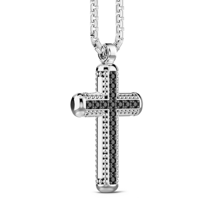 Zancan silver necklace with cross pendant and black stones.