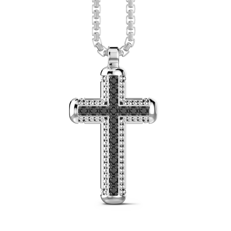 Zancan silver necklace with cross pendant and black stones.