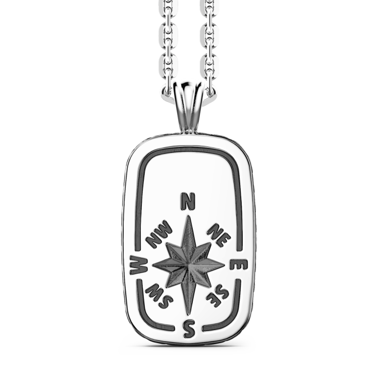 Zancan silver necklace with tag pendant and wind rose.