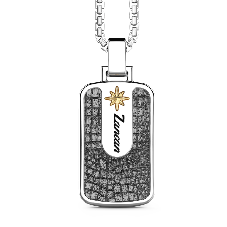 Zancan silver necklace with leather effect tag pendant.