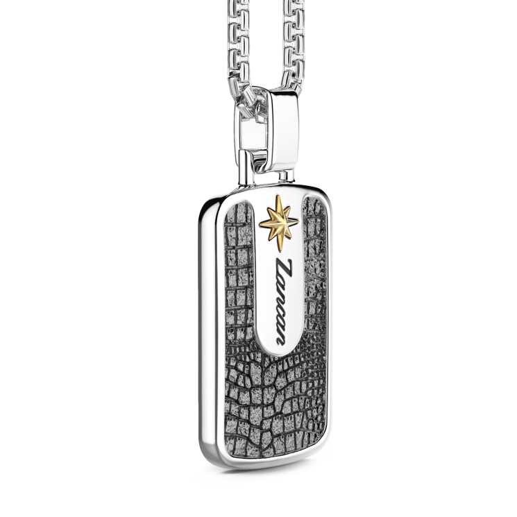 Zancan silver necklace with leather effect tag pendant.