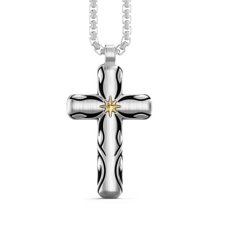 Zancan silver necklace with cross pendant and tribal motif.