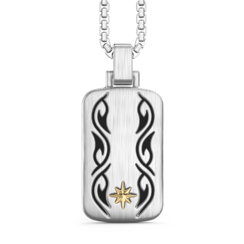 Zancan silver necklace with tag pendant and tribal motif.