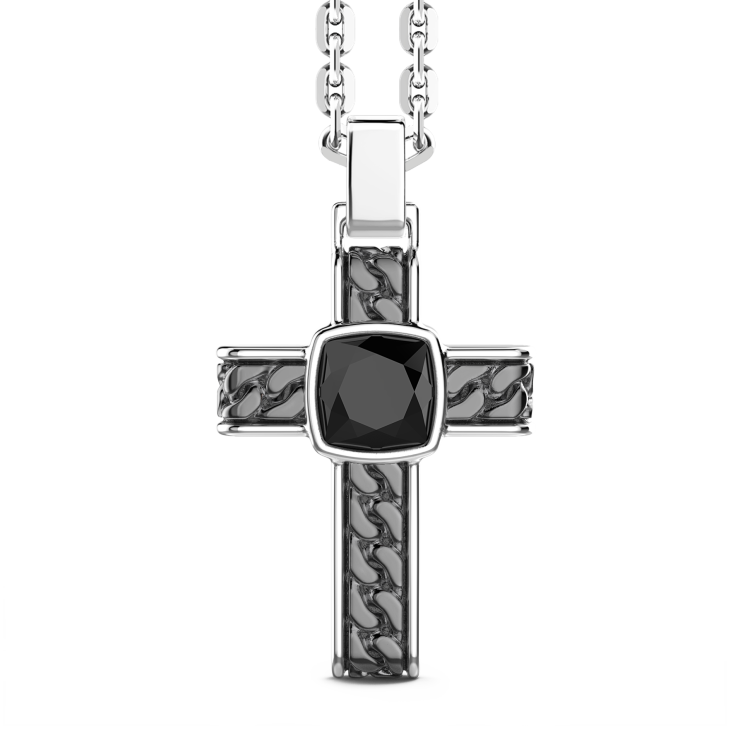 Collar de plata con colgante de cruz y ónice cuadrado.