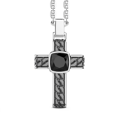 Collar de plata con colgante de cruz y ónice cuadrado.