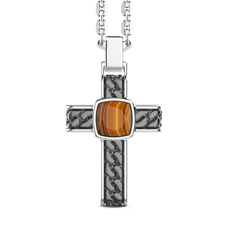 Silberkette mit Kreuzanhänger und viereckigem Tigerauge.