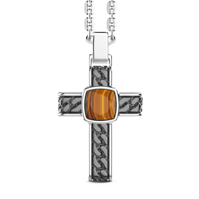 Silberkette mit Kreuzanhänger und viereckigem Tigerauge.