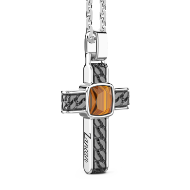 Collar de plata con colgante de cruz y ojo de tigre cuadrado.