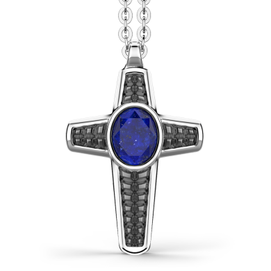 Silver necklace with lapis lazuli cross pendant.