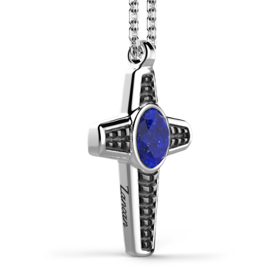 Silver necklace with lapis lazuli cross pendant.