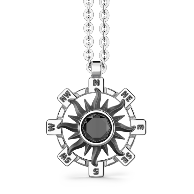 Zancan-Kette aus Silber mit Sonnenanhänger und schwarzem Edelstein.