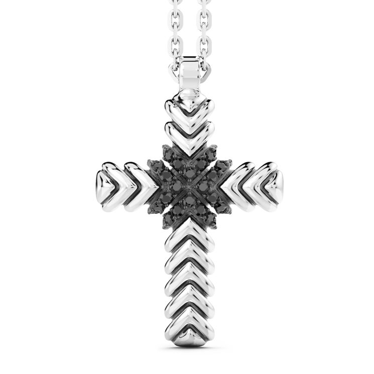 Collana Zancan in argento con pendente a croce e pietre nere.