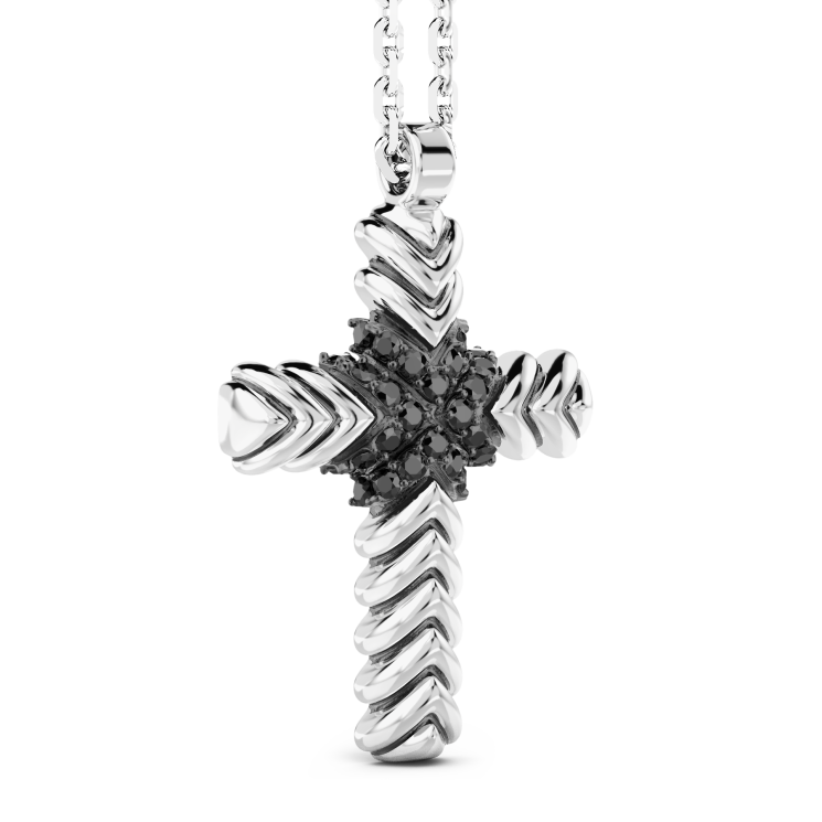 Collana Zancan in argento con pendente a croce e pietre nere.