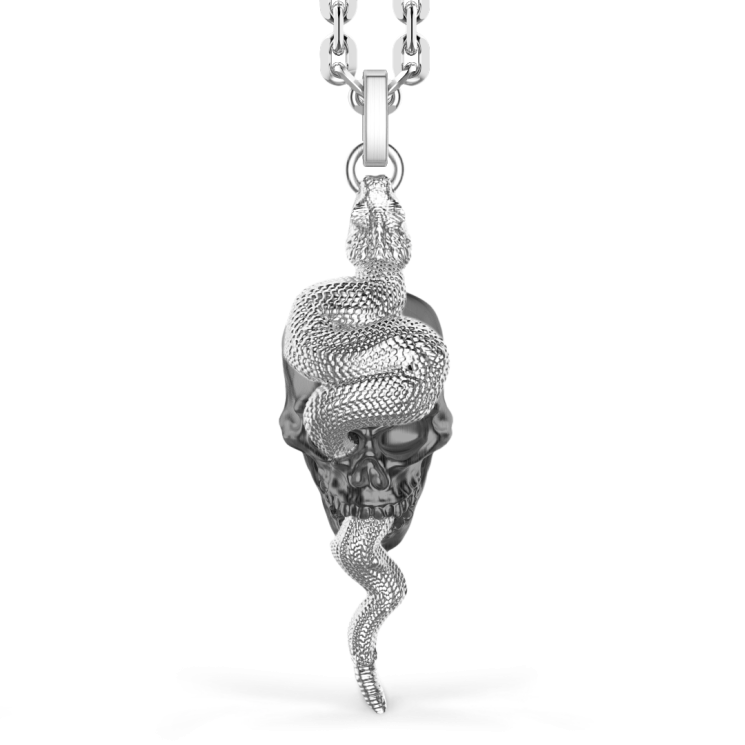 Zancan silver necklace with skull-and-serpent pendant.