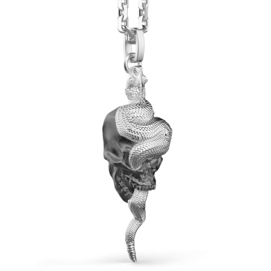 Zancan silver necklace with skull-and-serpent pendant.