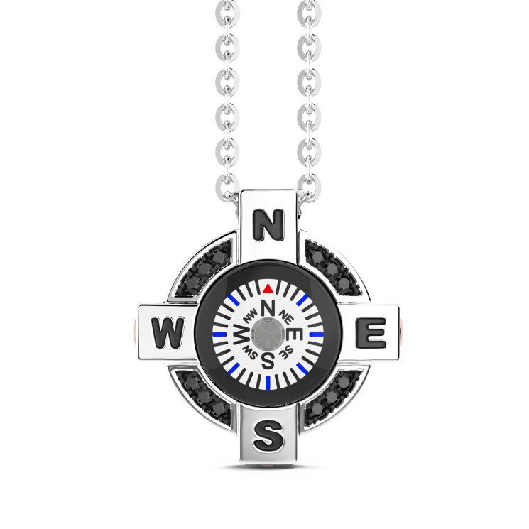 Zancan-Kette aus Silber mit weißem Kompass und schwarzen Spinellen.