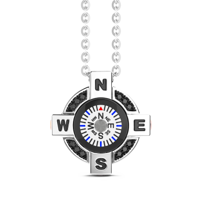 Zancan-Kette aus Silber mit weißem Kompass und schwarzen Spinellen.