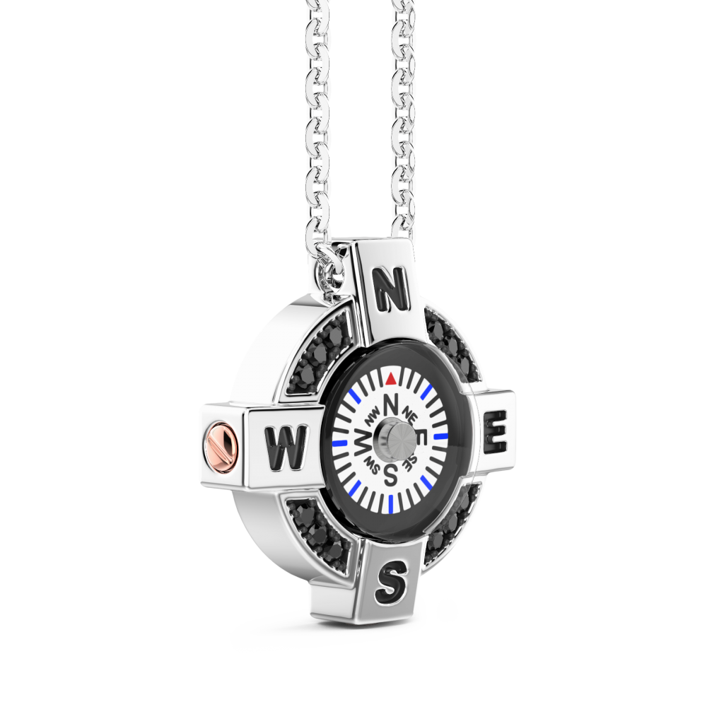 Zancan-Kette aus Silber mit weißem Kompass und schwarzen Spinellen.