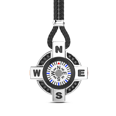 Collana Zancan con bussola bianca in argento e spinelli neri.