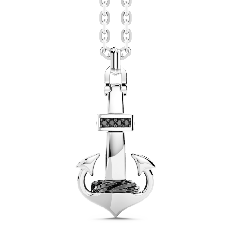 Collar Zancan de plata con colgante de ancla y piedras negras.