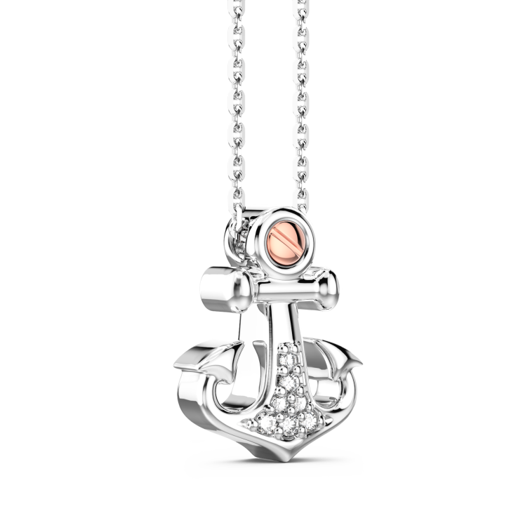 Zancan silver necklace with anchor pendant and white stones.