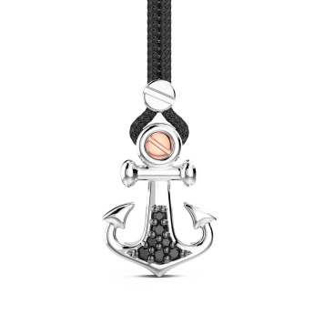 Collana Zancan in kevlar con pendente ad ancora in argento e pietre nere.