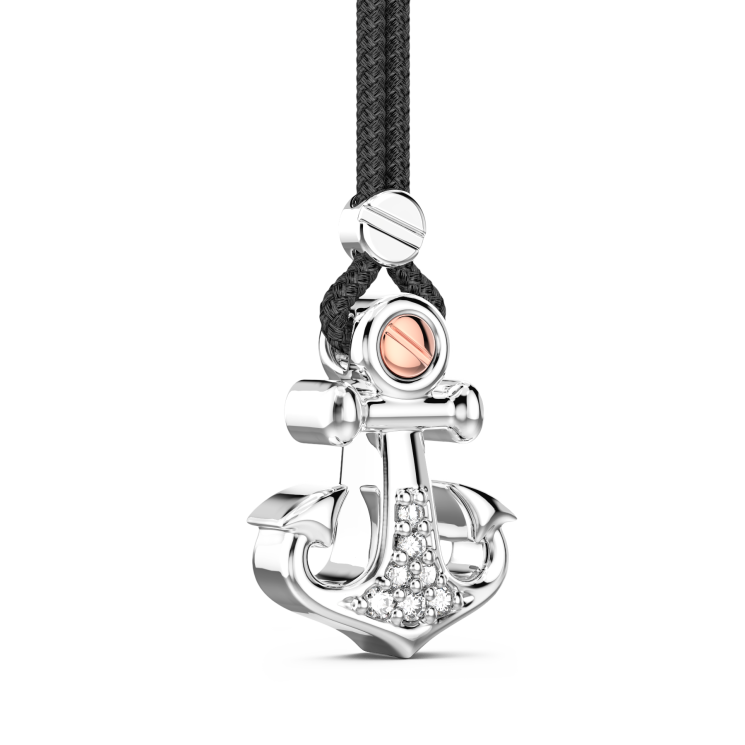 Zancan kevlar necklace with silver anchor pendant and white stones.