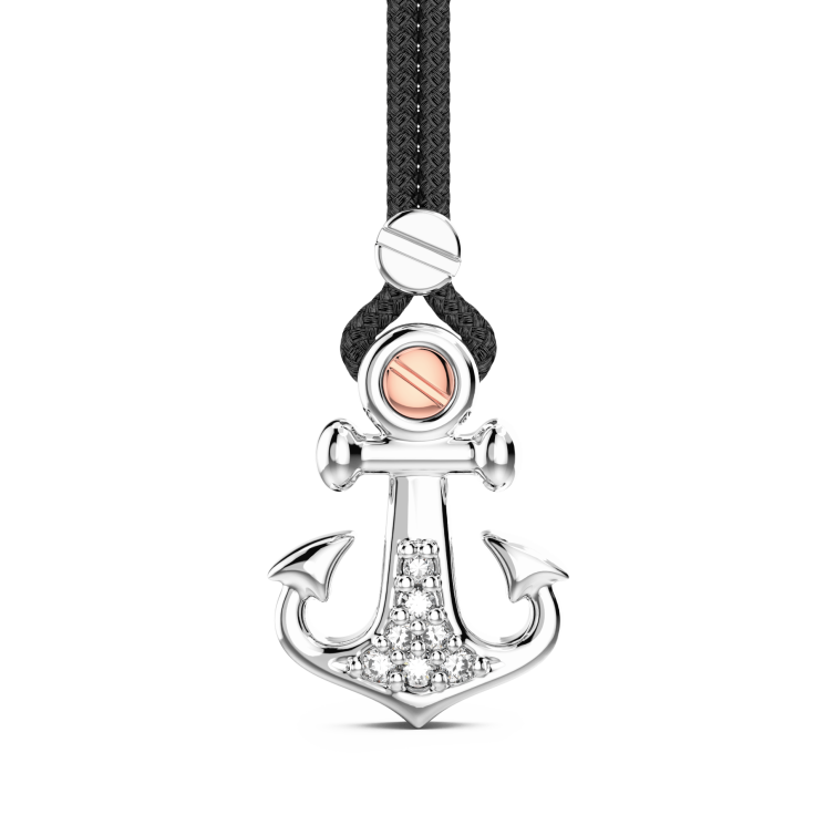 Zancan kevlar necklace with silver anchor pendant and white stones.