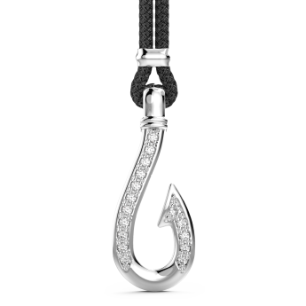 Collana Zancan in kevlar con pendente ad amo in argento con pietre bianche.