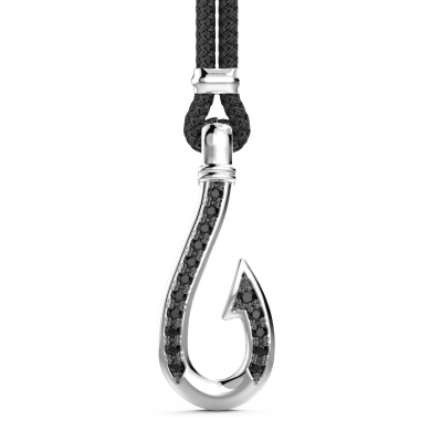 Zancan kevlar necklace with silver hook pendant and black stones.