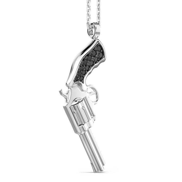 Zancan silver necklace with silver gun pendant and black stones.