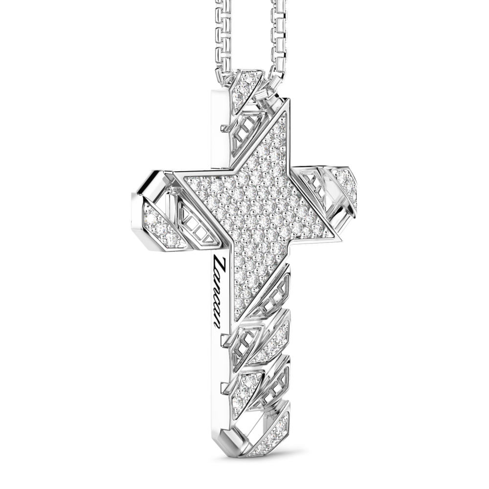 Zancan zilveren ketting met kruis hanger en stenen.