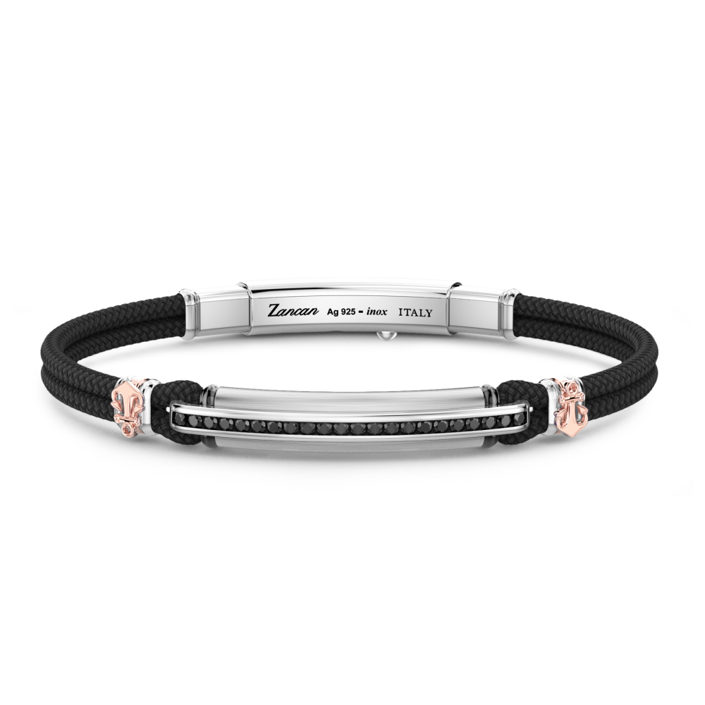 Bracciale Zancan in kevlar con targa e pietre nere.