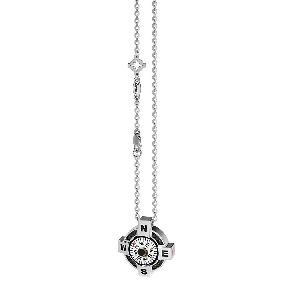 Zancan-Kette aus Silber mit weißem Kompass und schwarzen Spinellen.