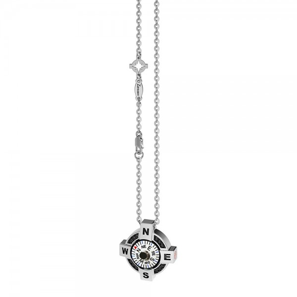 Zancan-Kette aus Silber mit weißem Kompass und schwarzen Spinellen.