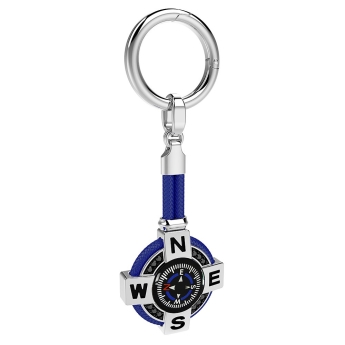 Zancan silver keychain with a black compass and black spinels.