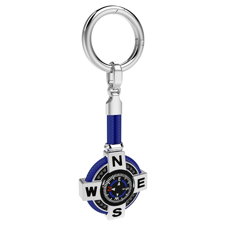 Zancan silver keychain with a black compass and black spinels.