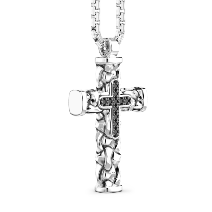 Collar Zancan de plata con colgante de cruz y piedras negras.